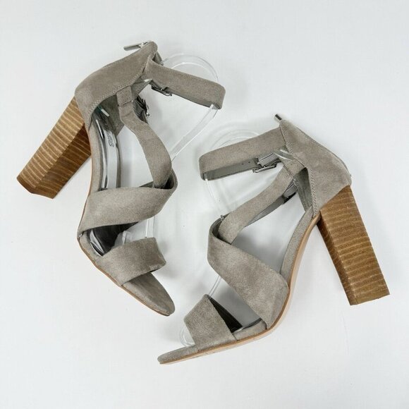 Carlos Santana Laura Grey Taupe Fabric Sandal Open Toe‎ Mule Stacked Block Heel - Picture 9 of 16